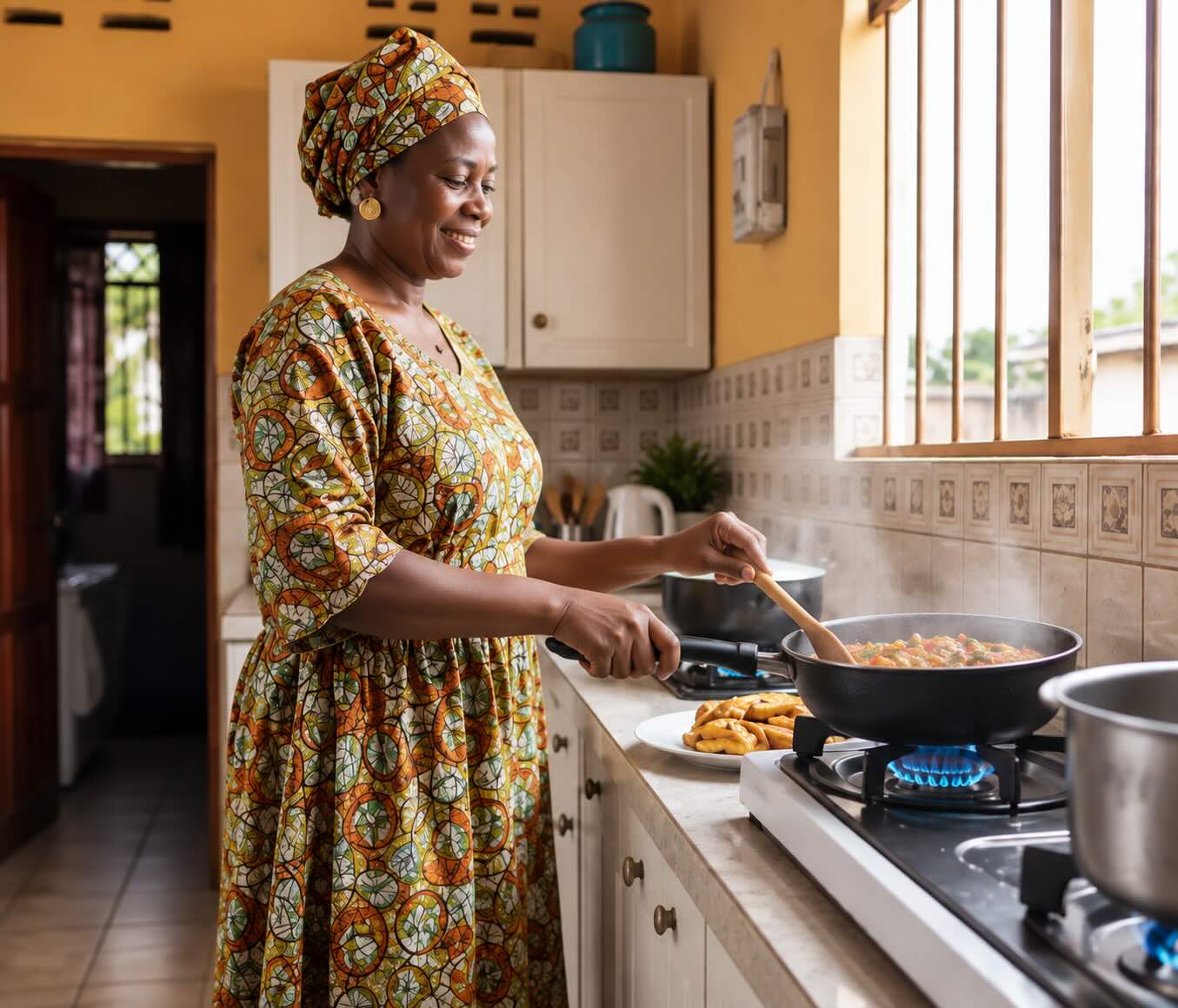 A Nigerian woman cooking on a clean-burning LPG stove