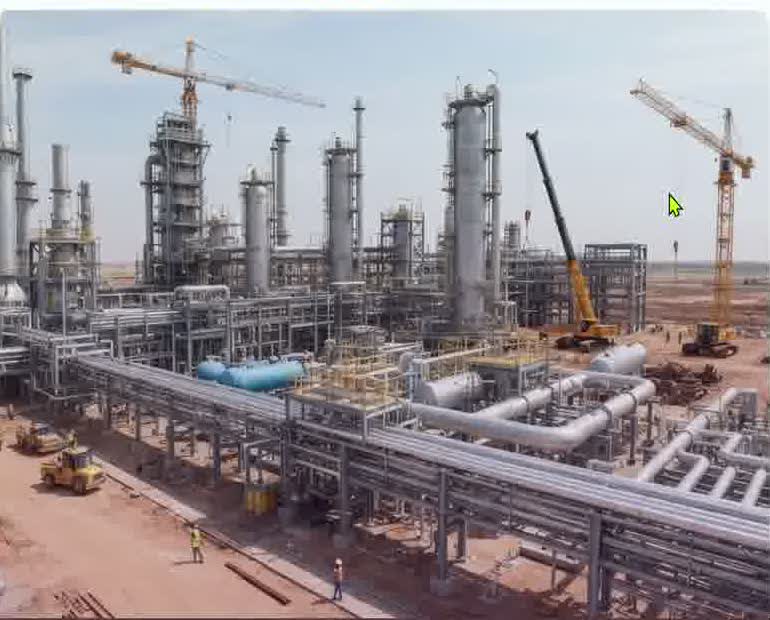 LPG plant under construction with cranes and pipelines